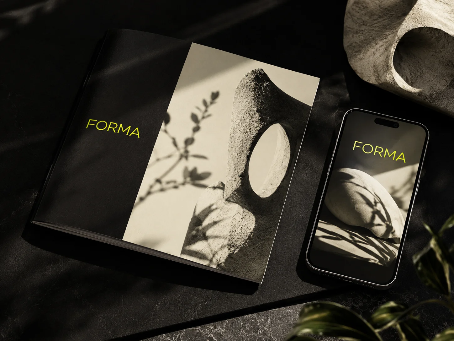 Forma concept study: image-led digital and printed design in black, ivory and acid green.